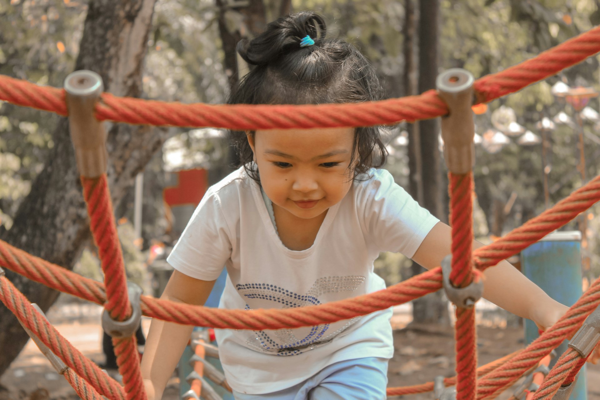 A child playing on a climbing net